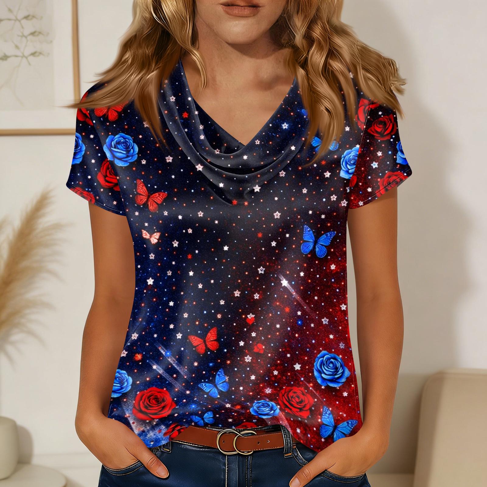 

Women s Fashionable Casual Print Short-sleeved T-shirt Top M Темно-синій