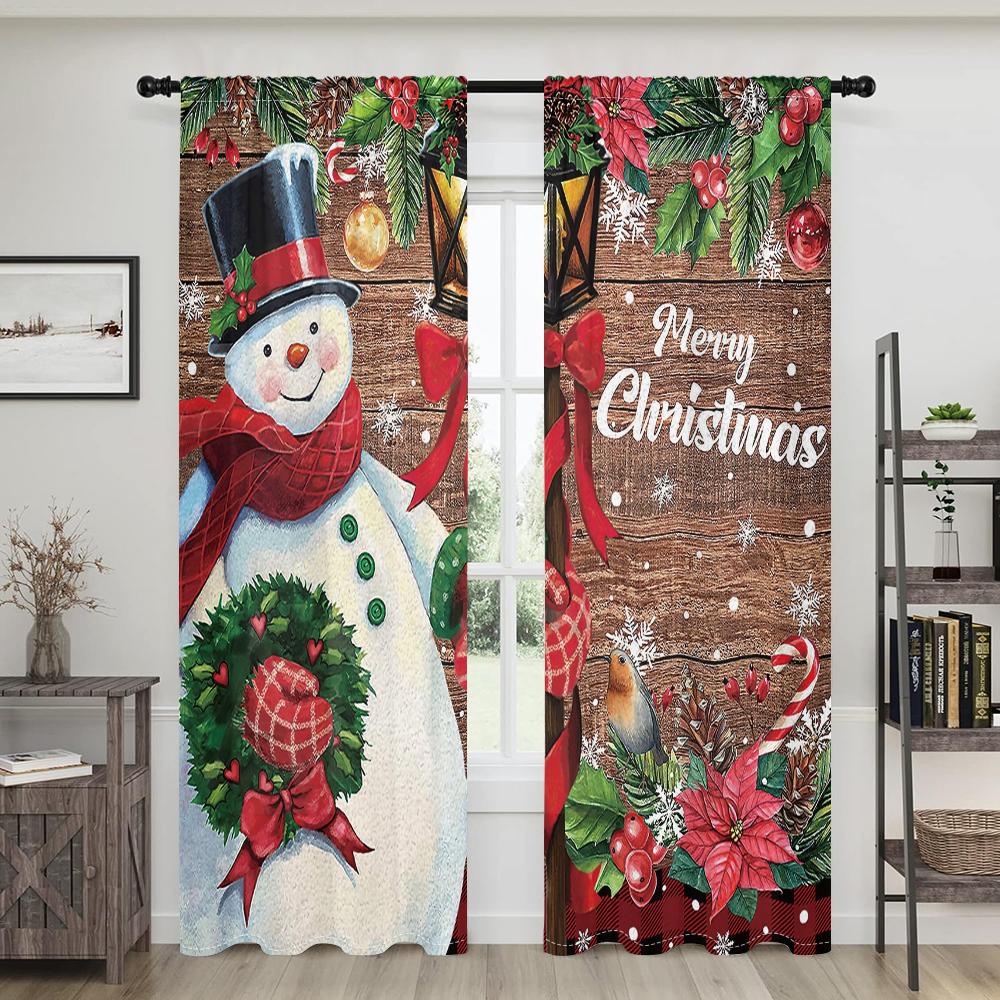 2 Pieces, Snowman Christmas Wooden Background Curtains -30% Blackout - Suitable for Living Room, Bedroom, Kitchen, Home Decorati