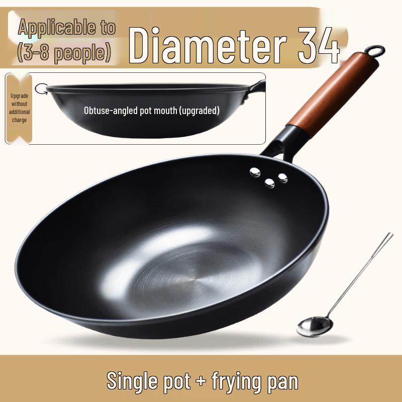 LIEI 34CM Flat-Bottom Pre-Seasoned Iron Wok