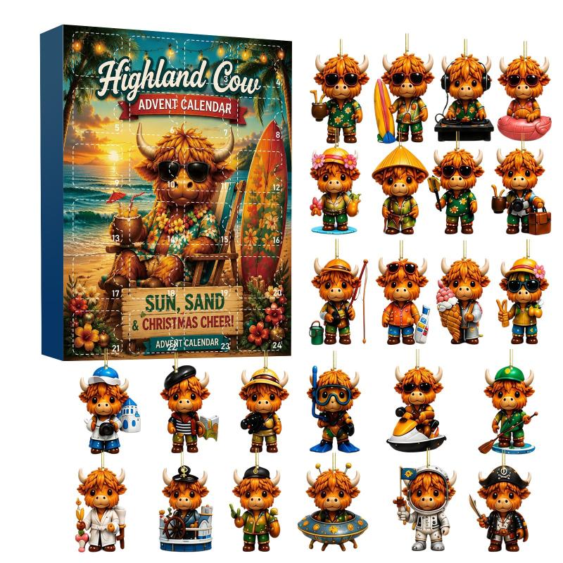 Highland Cow Advent Calendar 2026 With 24 Mini Cattle Figurines, 2D Acrylic Christmas Tree Decoration Pendant, Christmas Gift