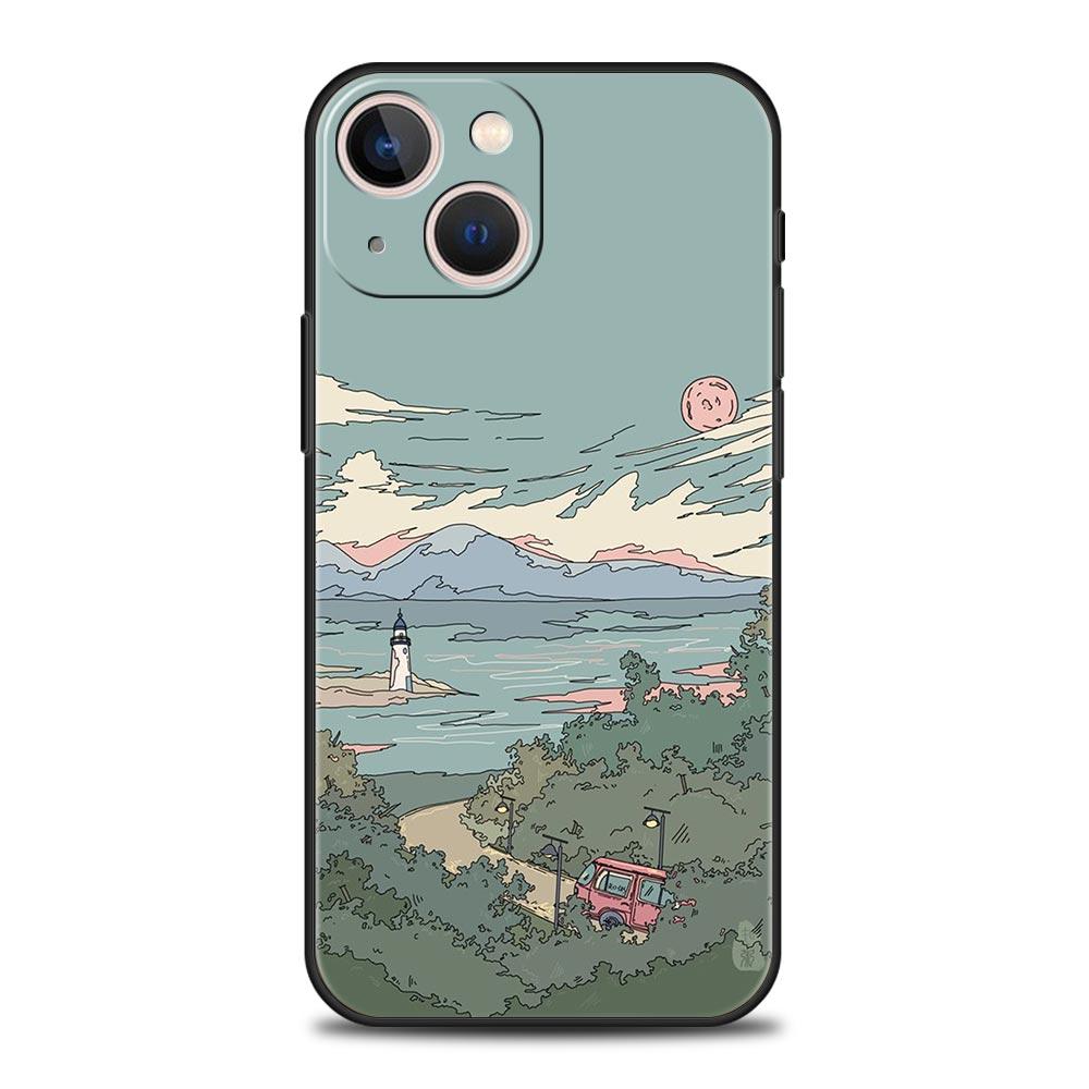 Japan Sunset Scenery Luxury Phone Case For iPhone 13 15 14 12 11 Pro MAX XR X SE XS 7 8 Plus Silicone Black Protection Cover