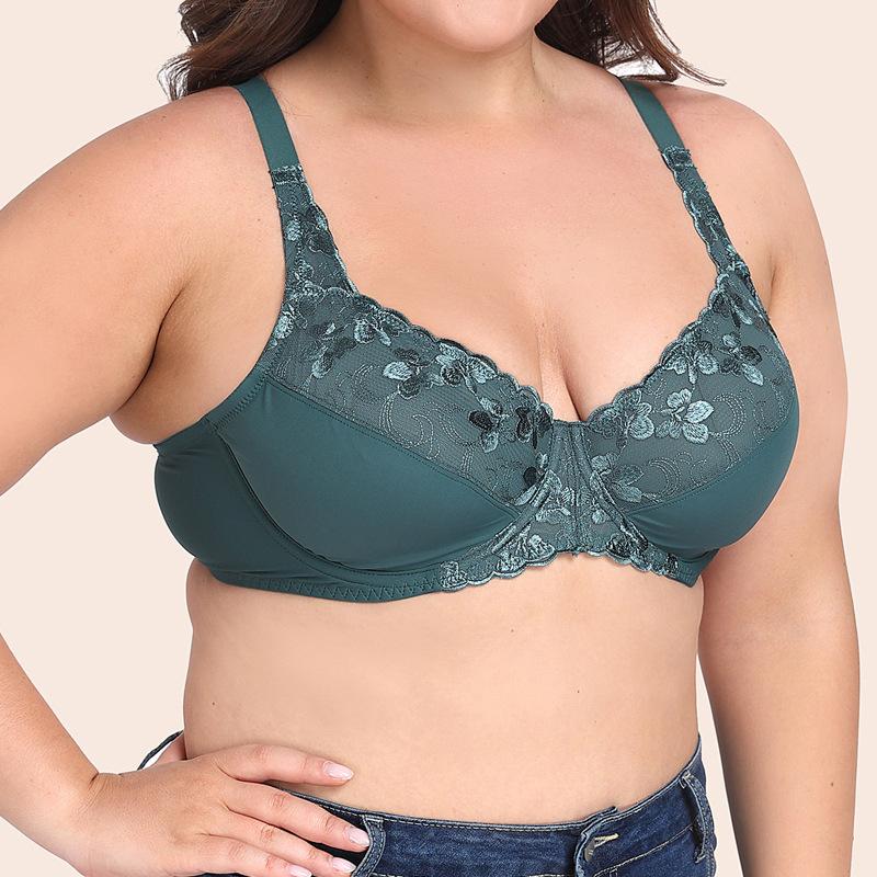 European and American Fresh Dark Green Exquisite Embroidery Underwear Ultra-thin Large Size Full Cup Bra