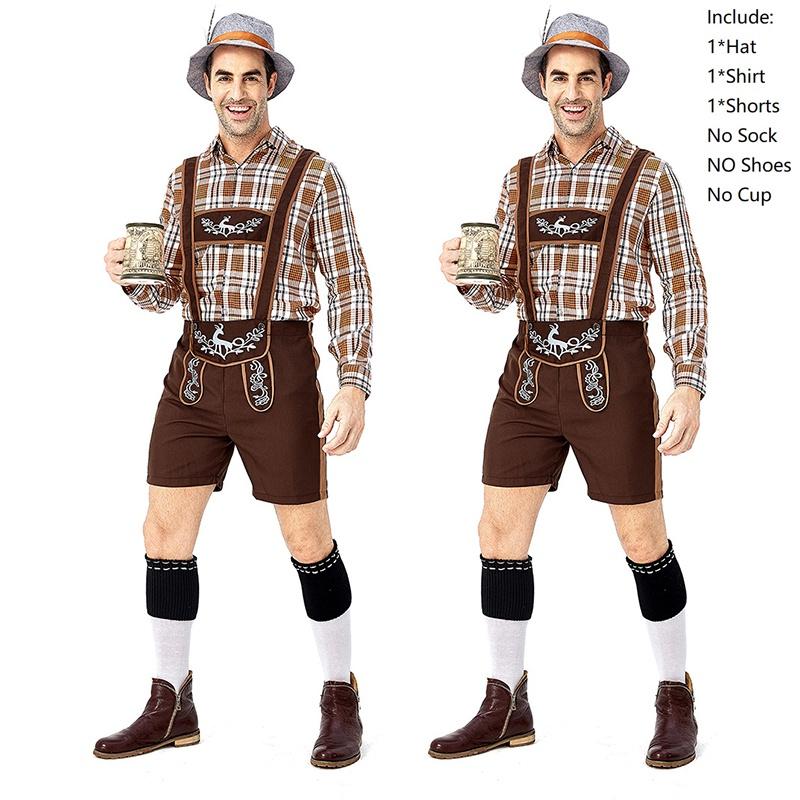 Stylish German Oktoberfest Clothing Men Fawn Print Khaki Plaid Costume Set