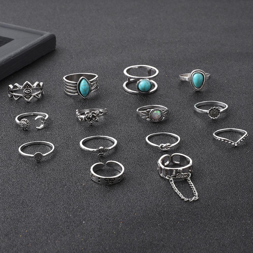 New European and American Bohemian Style Turquoise Ring with Unique Butterfly, Bee, and Floral Designs14Women's set