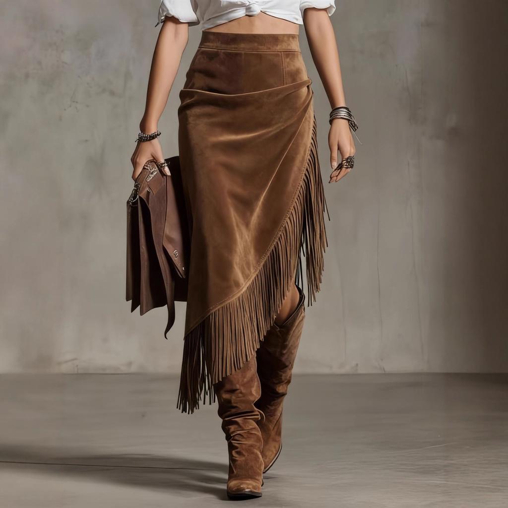 Fashion Ladies Vintage Tassel Hem Irregular Suede Skirt Skirt