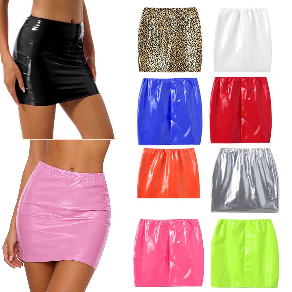 Women Skirts Glossy Patent Leather Miniskirt Solid Color Elastic Waistband Pencil Skirt Clubwear