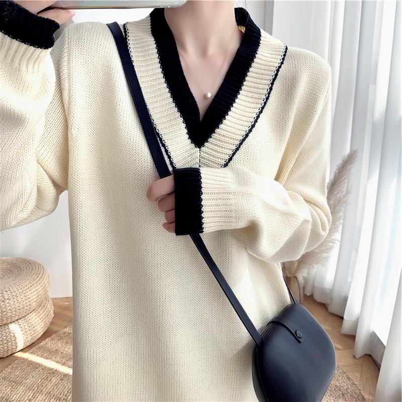 New long lazy v-neck loose knitted dress with coat and bottom sweater women's skirt