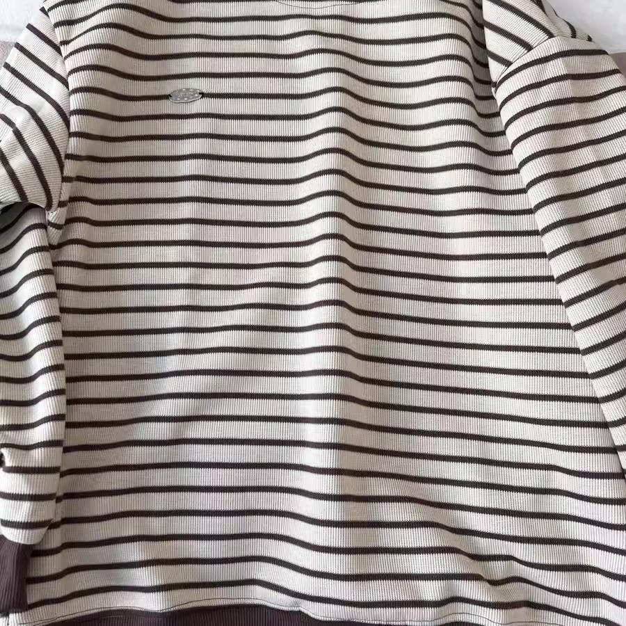 Neat Fit Loose Oversized Retro Brown Striped Round Neck Sweatshirt for Women
