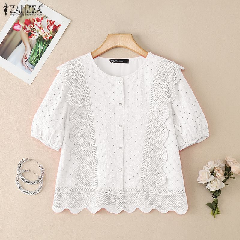 ZANZEA Women Casual Round Neck Patchwork Crochet Loose Short Sleeve Blouse