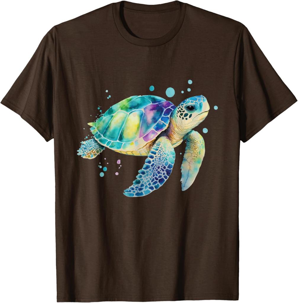 Watercolor Sea Turtle Graphic Tee Breathable Cotton Casual T-Shirt for Men Beach Trip