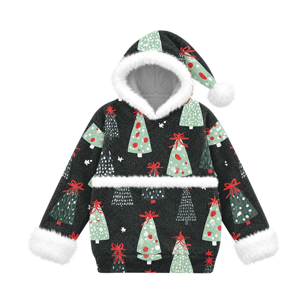 Children's Casual Christmas Tree Print Hooded Top with Large Pet Pocket for Everyday Wear