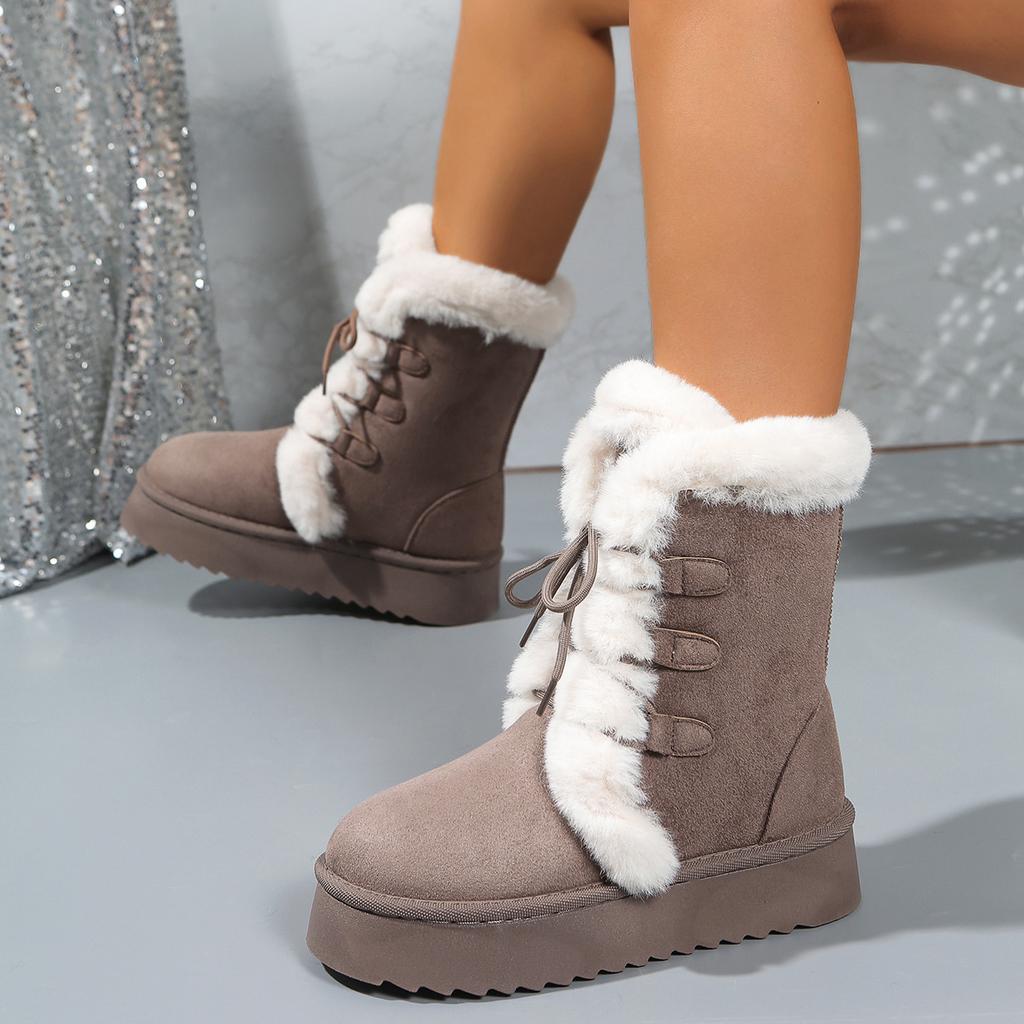 2025 Fall/Winter Women's Snow Boots with Fleece Lining, Thickened Sole, Height-Enhancing Design, Leather & Fur Combination, Cotton-Lined Warm Boots