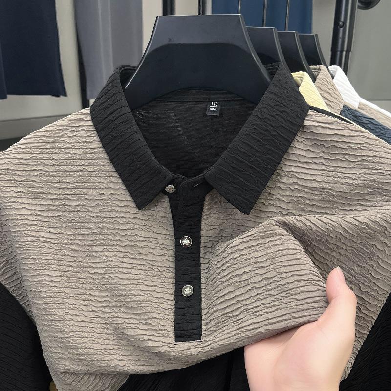 Classic Short-Sleeved T-Shirt Men'S High-End Breathable Non-Ironing Pullover Splicing Contrasting Color Lapel Half-Sleeved Polo Shirt