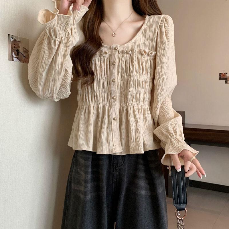 French Style Vintage Folds Shirt Spring Autumn New Single-breasted Women's Elegant Square Collar Fashion Ruffles Blouse
