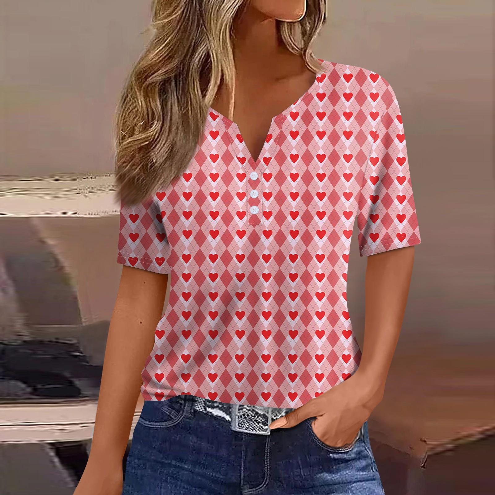 

Жен. Футболка Футболка С принтом Пуговицы С короткими рукавами Повседневные Выходные Мода Классический V-образный вырез Обычный Топ Лето S розовый