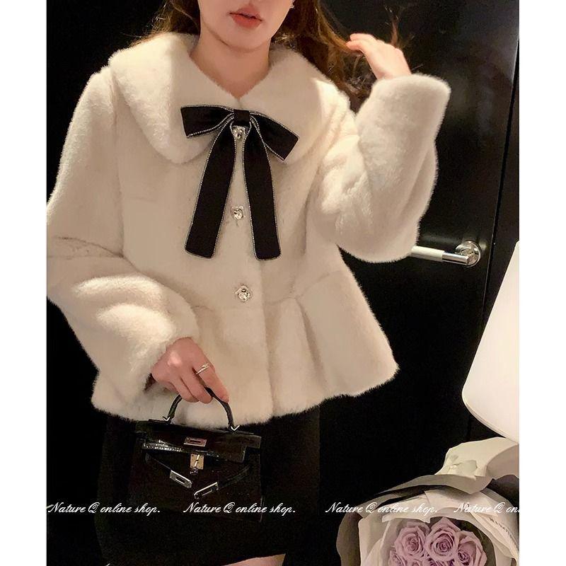 

Ян Сяоцзюань Женское пальто из искусственного меха норки с оборками и бантом M