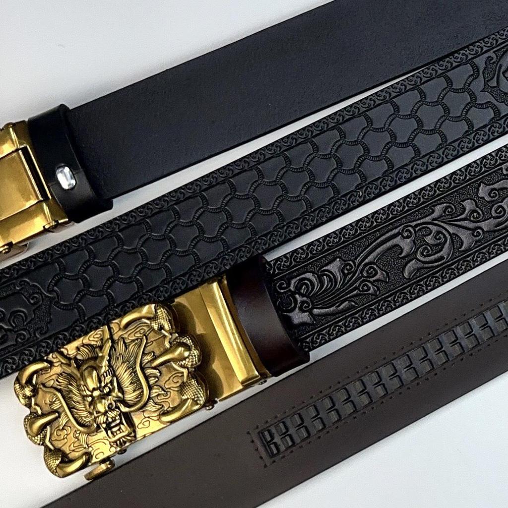 New Men's Embossed Dragon Head Genuine Leather Belt with Automatic Buckle