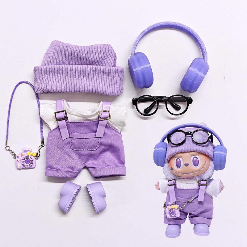 Labubu Doll Fashion Set: Purple Pink Overalls, Knitted Hat & Headphones for 1st, 2nd, 3rd Gen