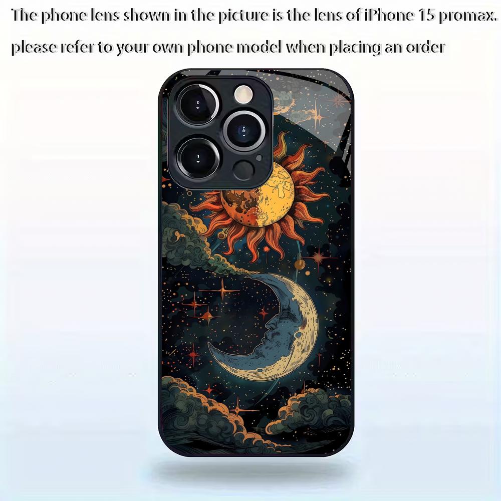 Sun, moon and stars pattern glass mobile phone case suitable for iPhone 17/16/15/14/13/12/11Pro Max all-inclusive anti-fall