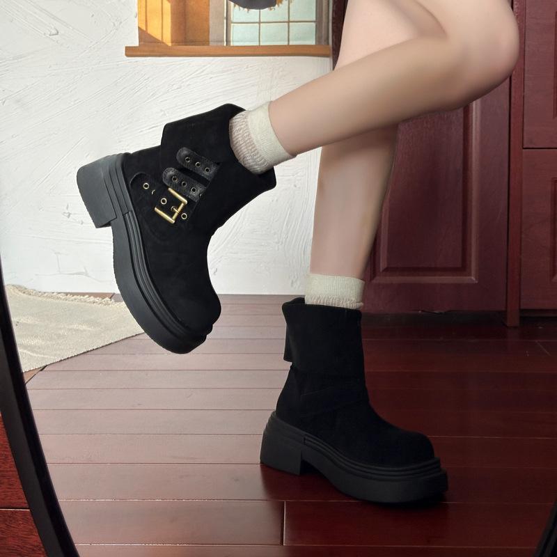 Adjustable Boot Belt Buckle Cowhide Martin Boots 2025 Autumn and Winter Thick Medium Heel Round Head Wide Tube Genuine Leather Medium Boots Children