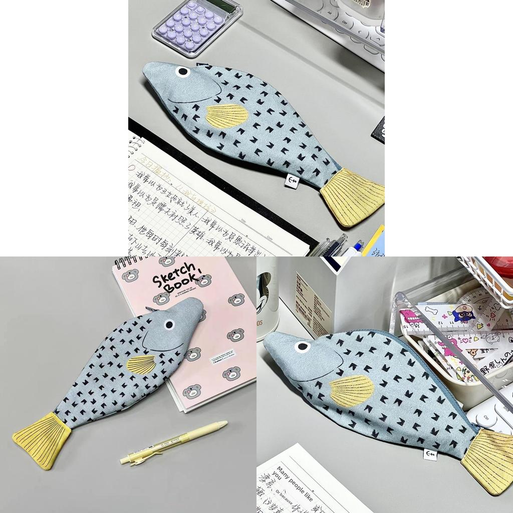 Cartoon Fish Pencil Case Canvas Storage Bag With Zipper For Students And Kids