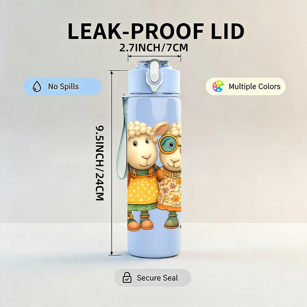 1PC Twin Country Sheep Dolls 750ml Color Plastic Sports Water Bottle Leakproof Flip Straw Lid Suitable for Sports Office Home Use