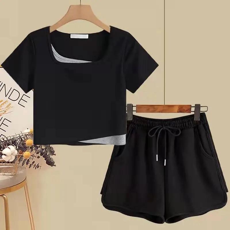 WTEMPO Women's Summer Cotton Suit Summer Short Sleeve T-Shirts + Sports Shorts Two Pieces Set Female Fashion Solid Casual Suit