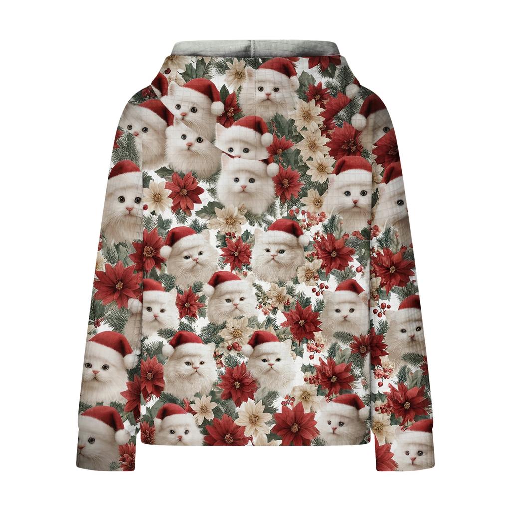 Mote løs hettegenser for kvinner, langermet genser med snøring, drop shoulder, lomme, topp med juleprint