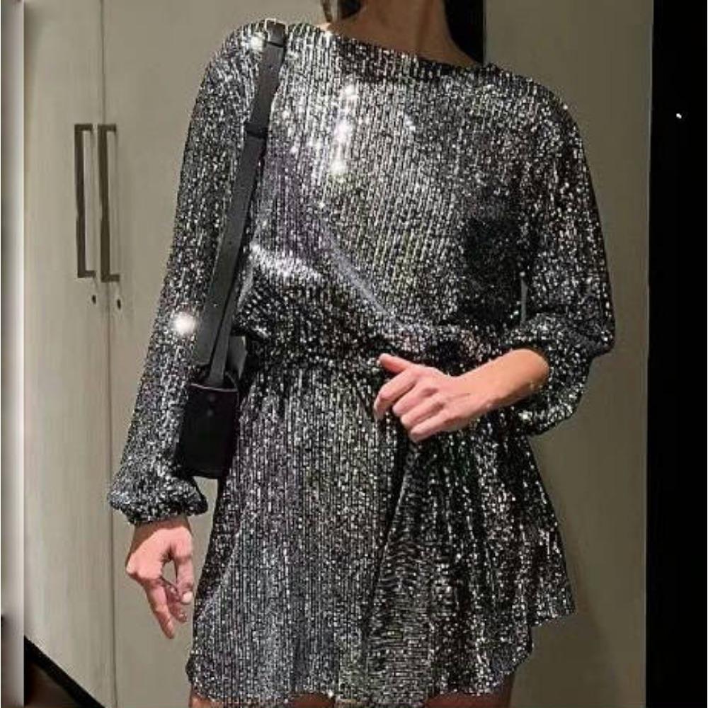 LYRIA Fashion Sequined Pearl Color Waist Dress Evening Dress Skirt Women's Dress
