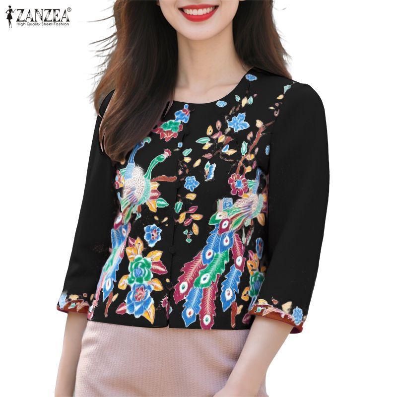 ZANZEA Women Casual Round Neck Summer 3/4 Sleeve Print Blouse