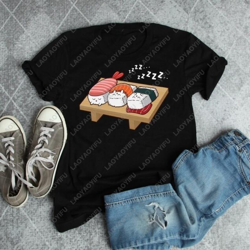 Kawaii Sushi Sovande Unisex Vuxen Bomulls T-shirts Söt Japansk Mat Serier Rolig Rundhalsad Tryckt T-shirt Semesterpresenter Dam Toppar
