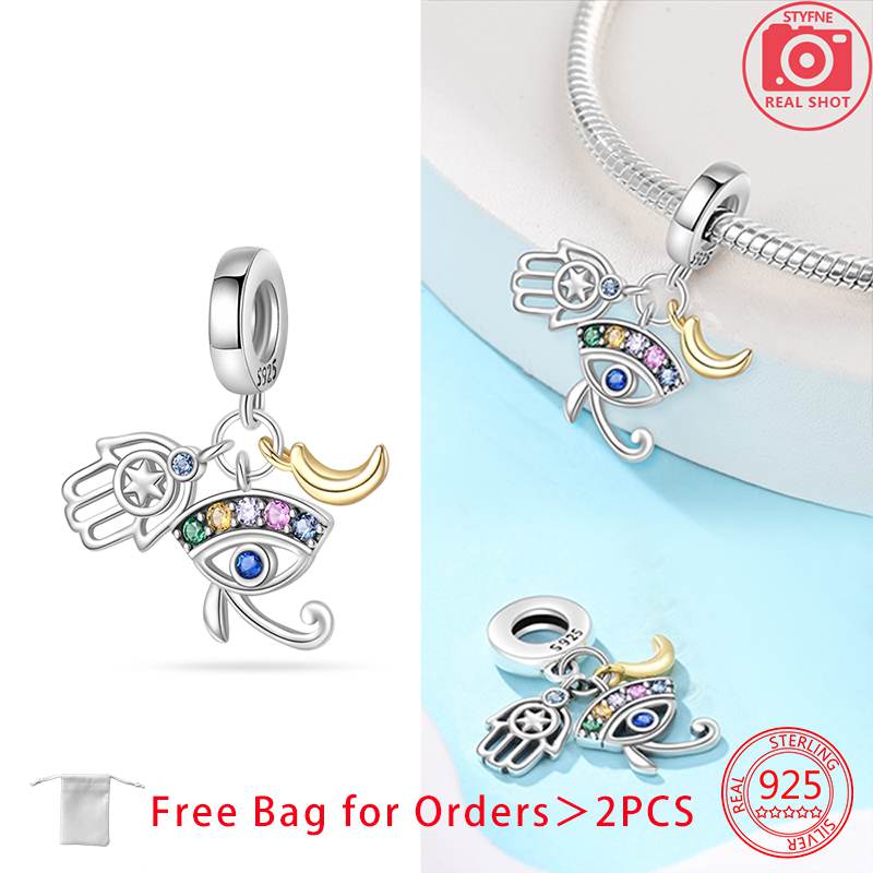 Charm Bead Components Shiny Zircon Blue Devil's Eye and Fatisha's Hand Bead Components Copper Metal Pendant Bead Component Compatible With Do It