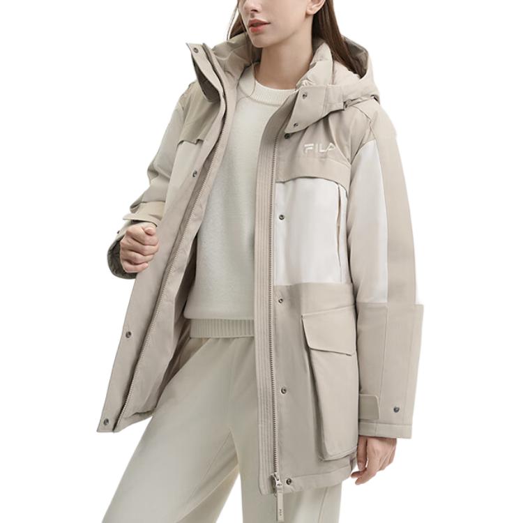 Fila Original Fashion Color Block Casual Loose Hooded Long Sleeve Down Jacket Women Outerwear Gray F51W449903F-BG