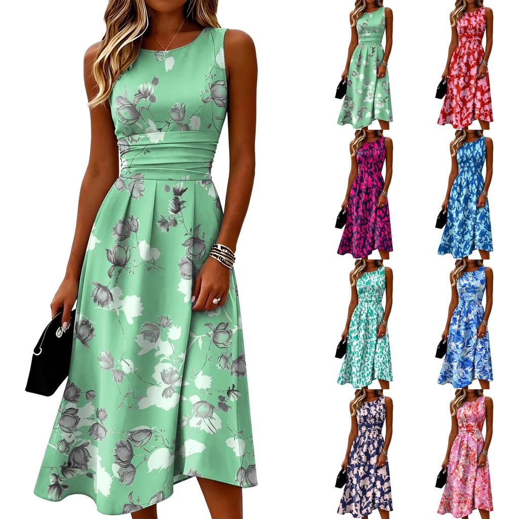Sleeveless Casual Dress for Women Round Neck Floral Printed Midi Length Summer Dress with Waist Detail