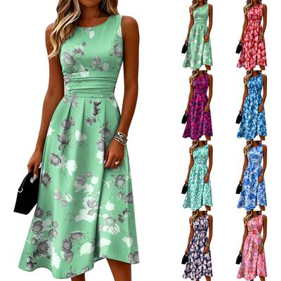Sleeveless Casual Dress for Women Round Neck Floral Printed Midi Length Summer Dress with Waist Detail