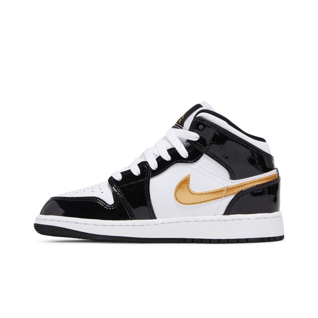 Air Jordan 1 Mid Patent SE dla dzieci 'Black Gold' (Dla obu płci) Dziecięce Buty do Koszykówki Czarne / Metaliczne Złoto / Białe BQ6931 007