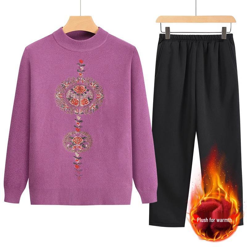 2024 Grandma's Fleece-Lined Warm Base Layer Sweater for Middle-Aged & Elderly Women, Autumn/Winter Collection