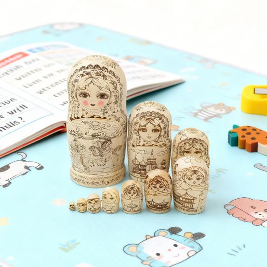 Yousheng 10Pcs/Set Russian Nesting Doll 10 Layers Handmade Wooden Matryoshka Girl Stacking Toy Home Office Desktop Decoration Ornament