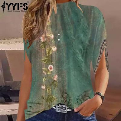 Women's Fashion Casual Summer Spring Colour Block Print Short Sleeve Half Turtleneck Blouses & Shirts