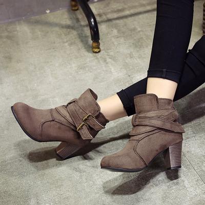 Belt Buckle Thick Heel Women Boots Vintage Ankle Boots Fall Suede Round Toe Casual High Heels Leather Boots Women Shoes New
