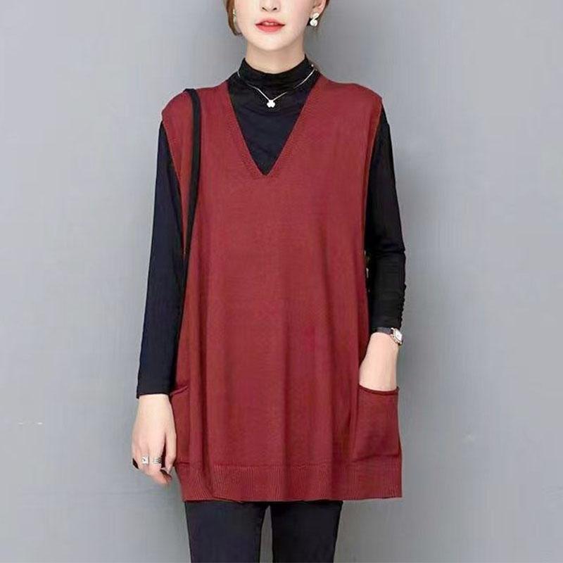 Frühling Herbst Damen Kleidung Ärmelloser Pullover Mantel V-Ausschnitt Taschen Vintage Koreanisch Lang Mode Lässig Locker Gestrickte Weste Tops