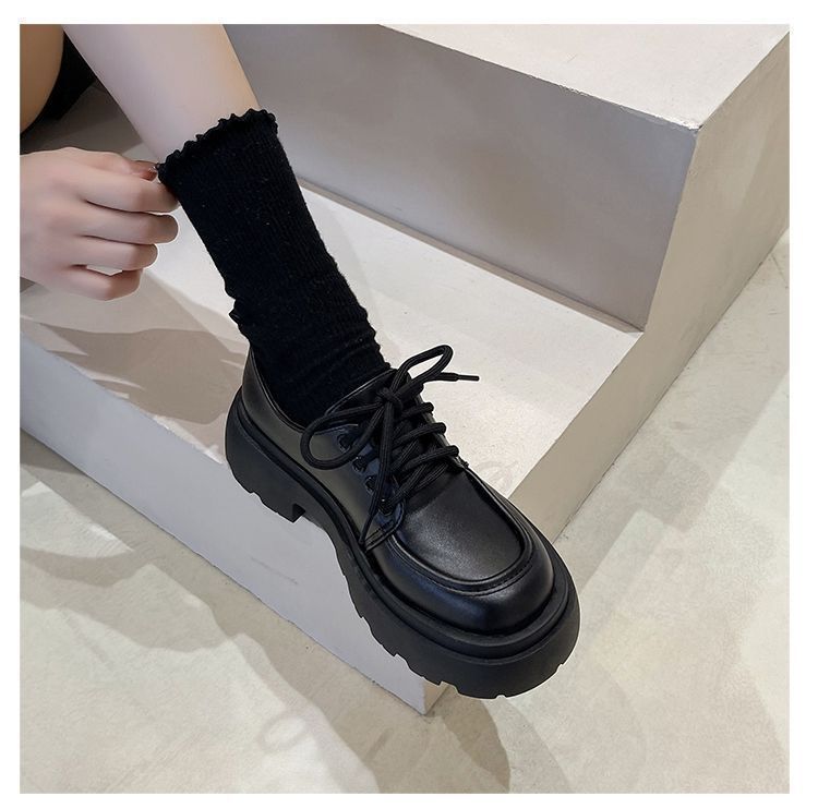 British Sponge Cake Style Thick Soled Jk Loafers Work Leather Shoes For Women Spring  New Lace Up Single Shoes