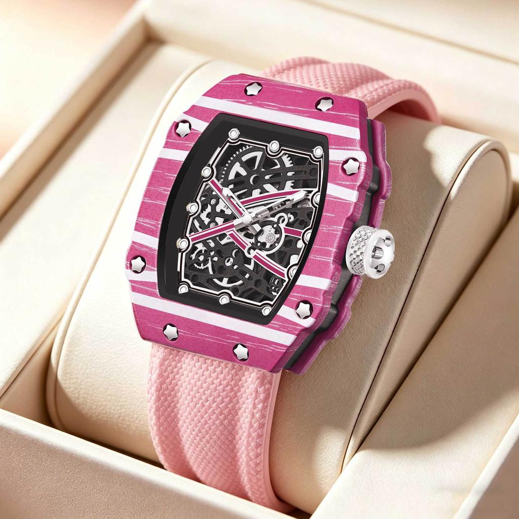Orologio Tonneau di Alta Moda Montre Homme Et Femme Orologio da Polso 47mm Ampio Quadrante Scheletrato Cinturino in Nylon Rosa Pelle Orologio al Quarzo