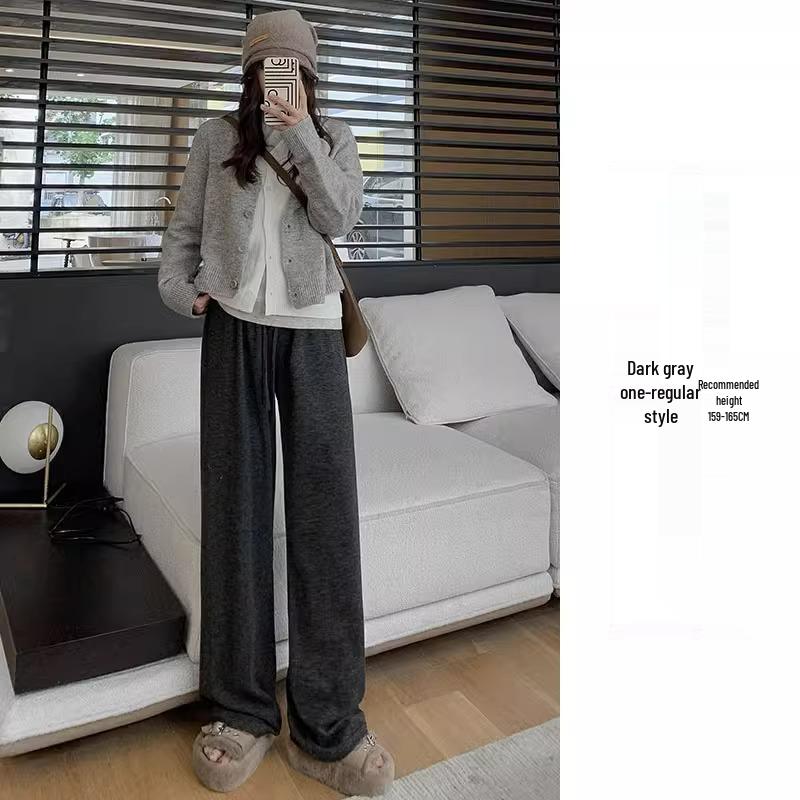 Petite Women's High-Waisted Apricot Knitted Pants - Wide-Leg, Drapey, Soft, Spring/Autumn, Fits 150cm.