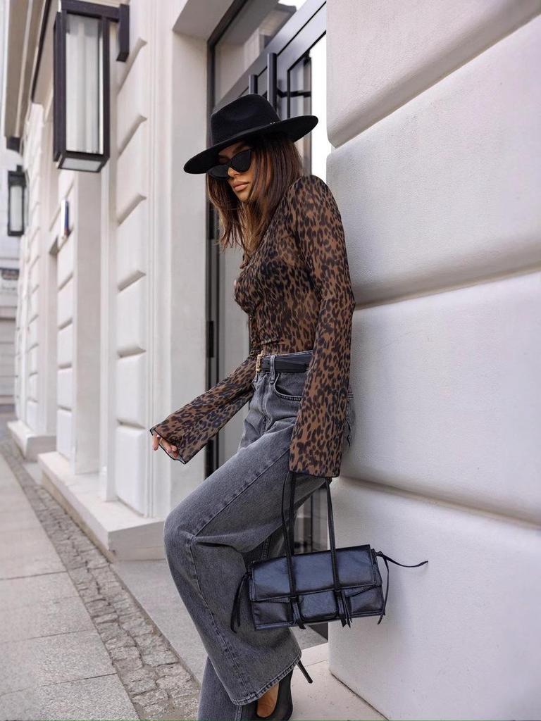 2025 Europe & America Spring/Summer V-neck Fashion Leopard Print Mesh Flare Sleeve Top for Women