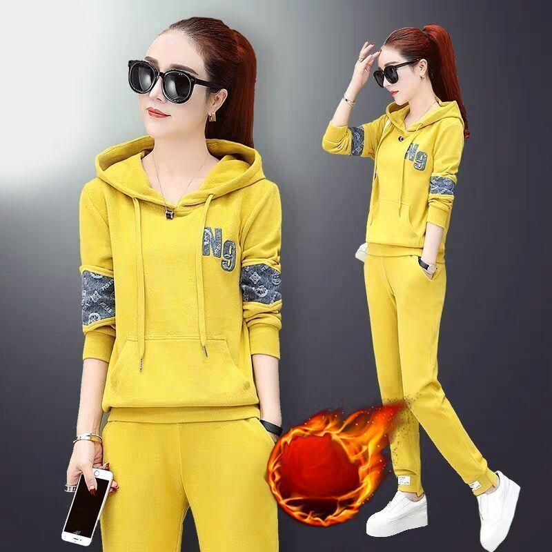 Casual Sports Suit Women's Autumn and Winter Korean Fashion Loose Plush Thickened Hooded Top Two Piece Set