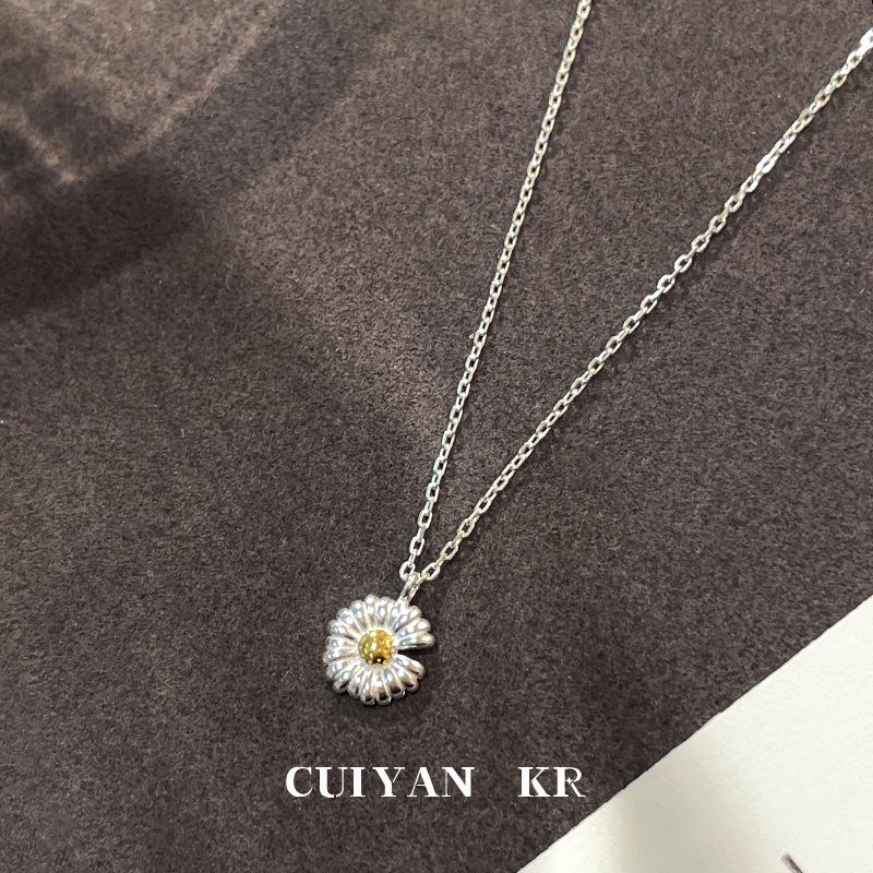 Cui Yan S925 Sterling Silver Daisy Necklace - Korean Summer Forest Style Women's Choker Jewelry