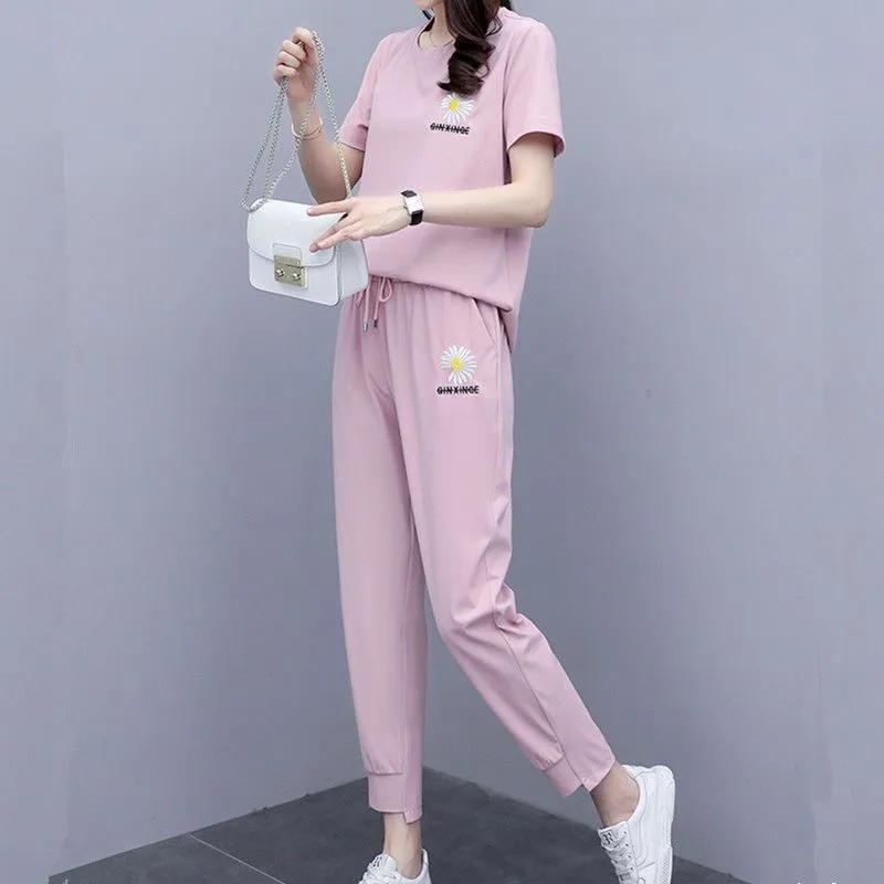 Tuta Sportiva Estiva Comoda da Donna T-shirt a Maniche Corte Girocollo + Pantaloni Casual Set Due Pezzi