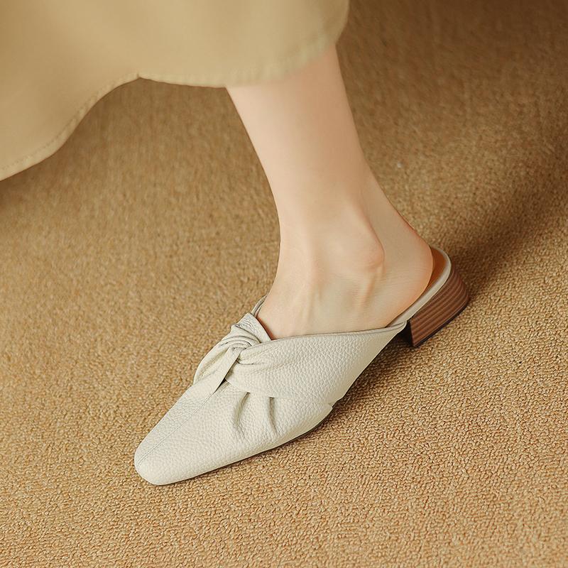 Women Mule Slippers Concise Style Simple High Heels Shoes Cow Leather Square Toe Mules 2024 New Spring Women Outdoor Slippers