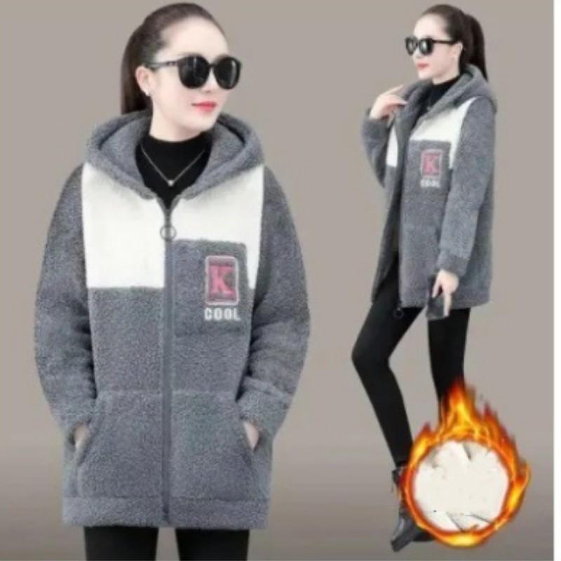 Women's Fall/Winter Mid-Length Two-Tone Lambswool Jacket with Embroidered Long Sleeves